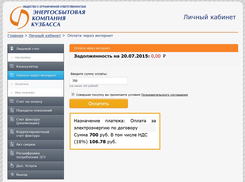Оплата электроэнергии через личный кабинет